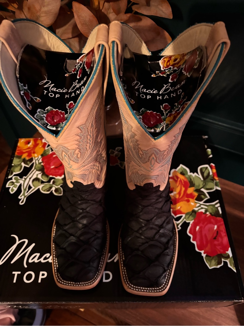 Macie Bean Two-Tone Western Boots — Black & Tan Exotic Amazonian Big Bass - Picture 4 of 15
